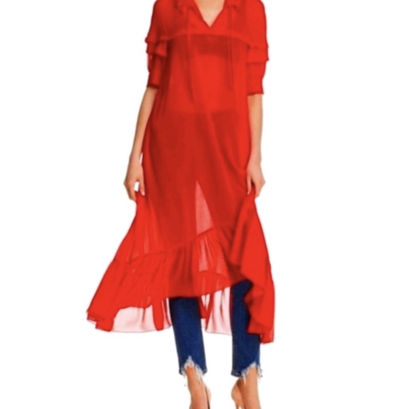 Sandro Paris Red Ruffled Midi Dress – Size 36 small - Picture 2 of 9